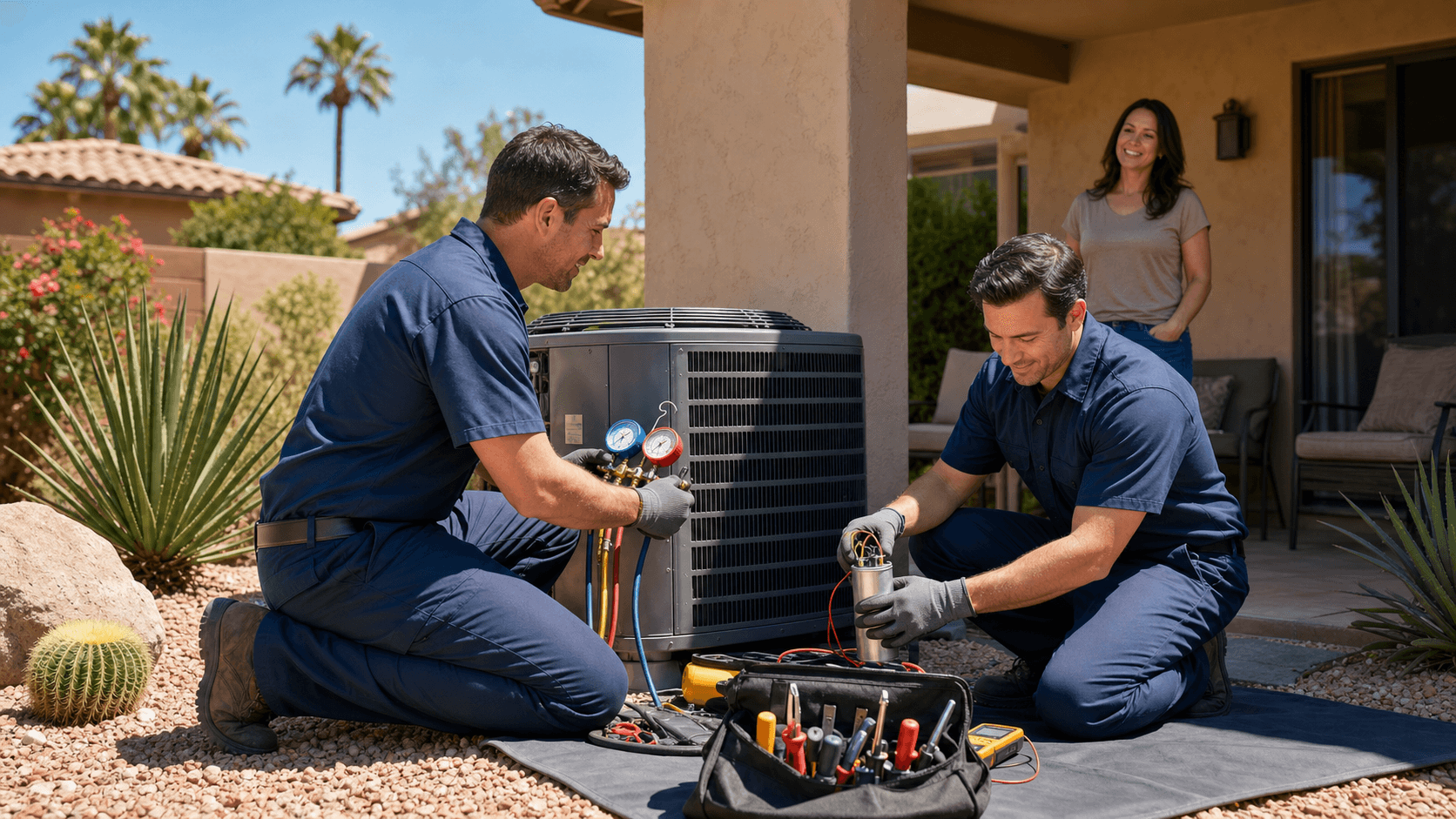 Technician in blue uniform repairs an outdoor AC condenser beside a beige house in bright desert sunlight.