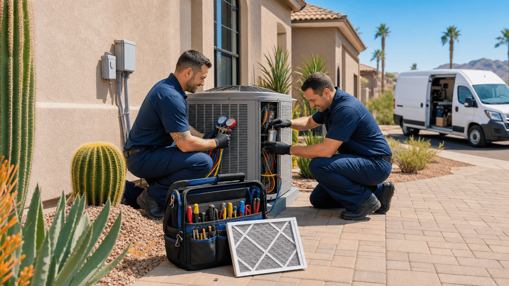 Technician in blue uniform repairs an outdoor AC unit beside a beige stucco home under bright desert sun.