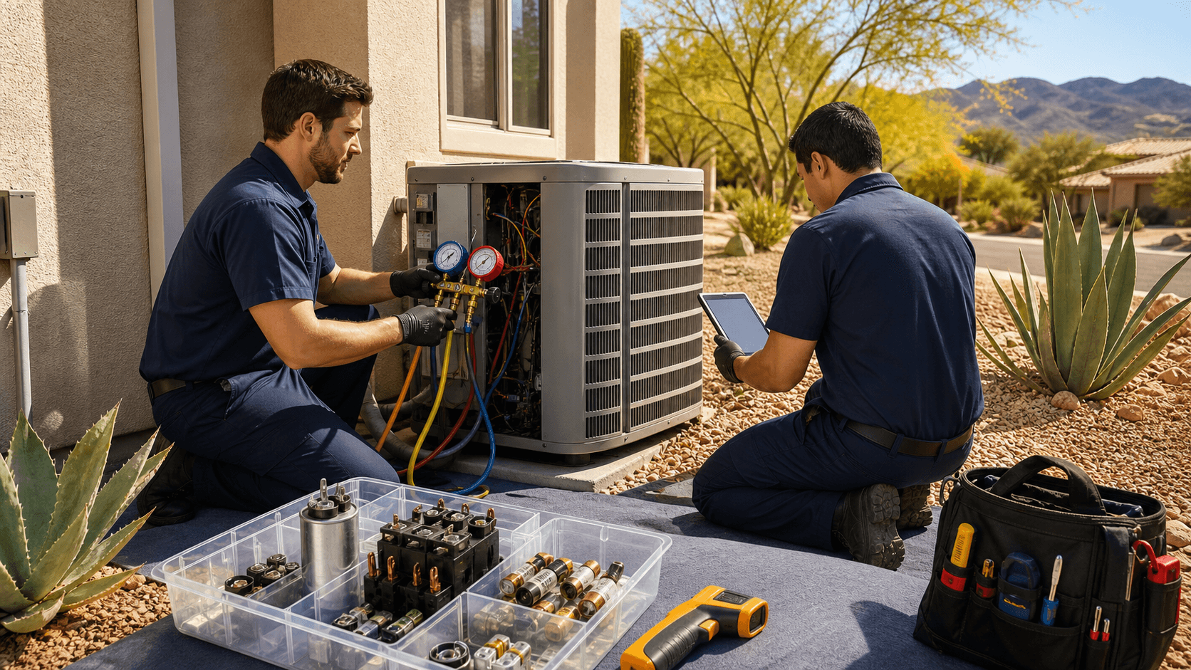 Technician in blue uniform repairing an outdoor AC unit beside a beige stucco home in bright desert sunlight.