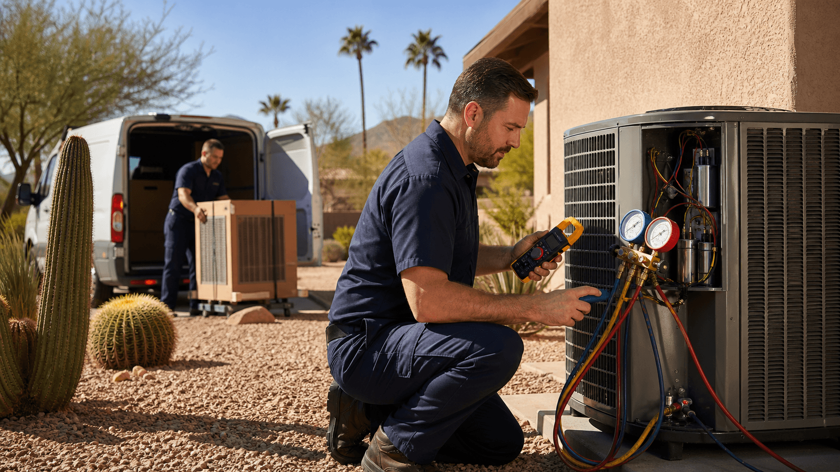 Split-screen of an outdoor AC unit with a wrench on one side and a shiny new unit on the other, desert backdrop.