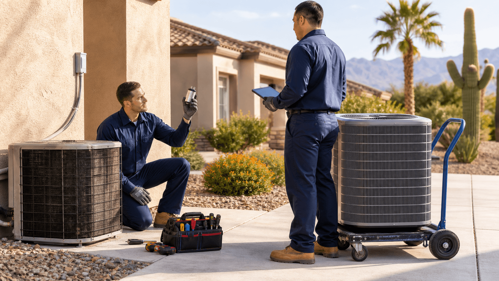 Split view of a technician fixing an outdoor AC unit and a new unit beside it under bright desert sunlight.