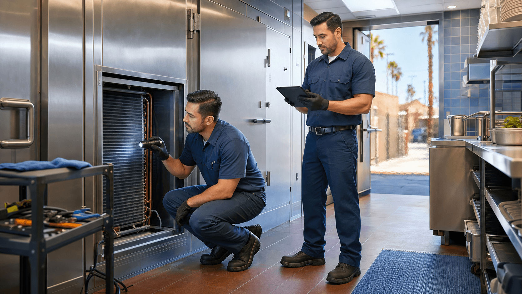 Technician in blue uniform checks stainless steel refrigerator units in a bright commercial kitchen, warm desert light.