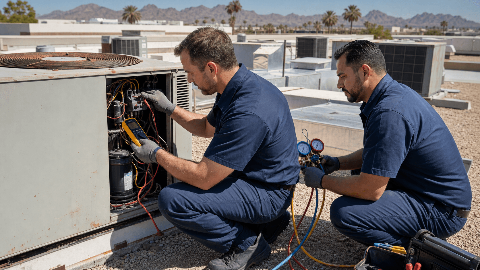 Sunlit rooftop with multiple HVAC units and ducts on a strip mall, desert skyline and hazy blue sky in background
