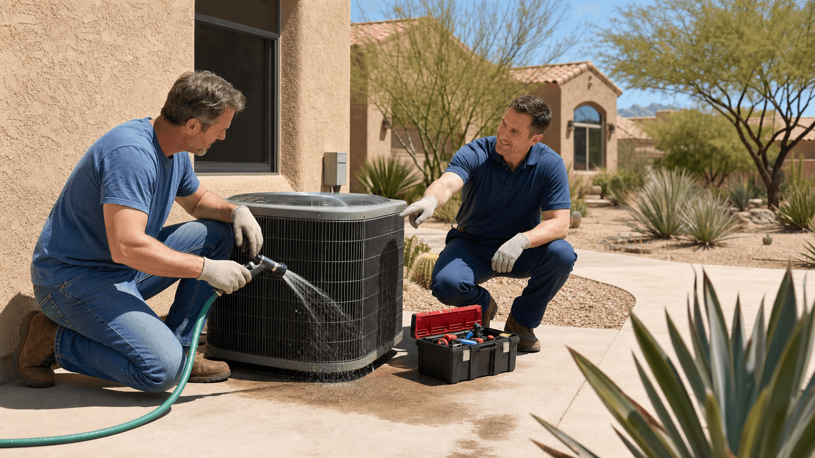 Sunlit desert home exterior with an outdoor AC unit, technician gloves cleaning coils beside a cactus and blue sky