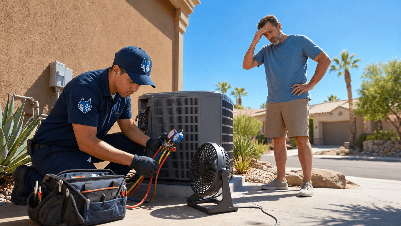 Technician in blue uniform inspects an outdoor AC unit beside a beige stucco home in bright desert sunlight.