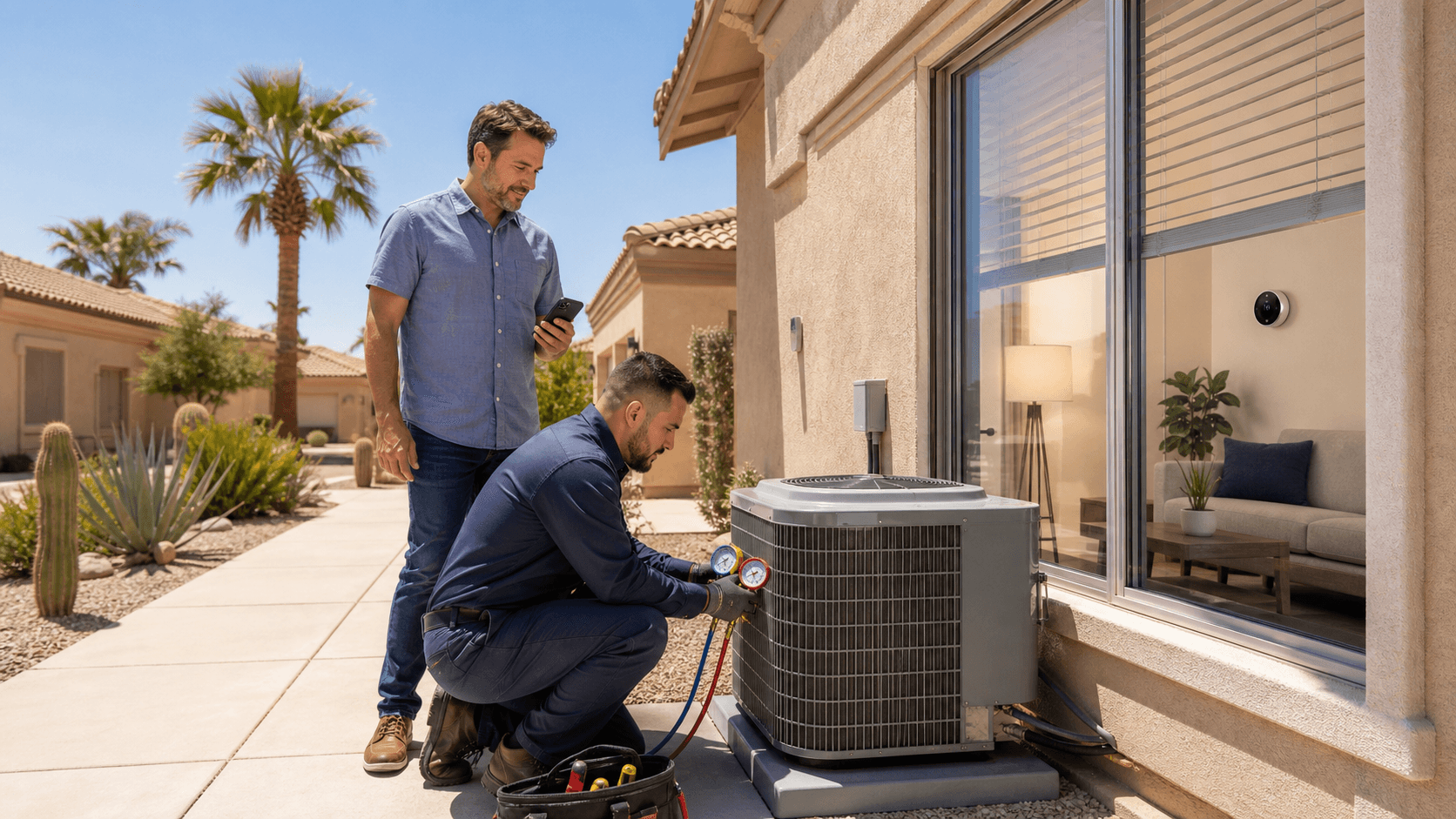 Outdoor air conditioner beside a stucco wall under blazing sun, with a close-up digital thermostat in the foreground.