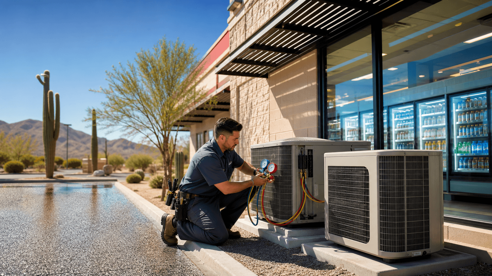 Rooftop commercial refrigeration units under bright desert sun, with shimmering heat haze against a blue sky.