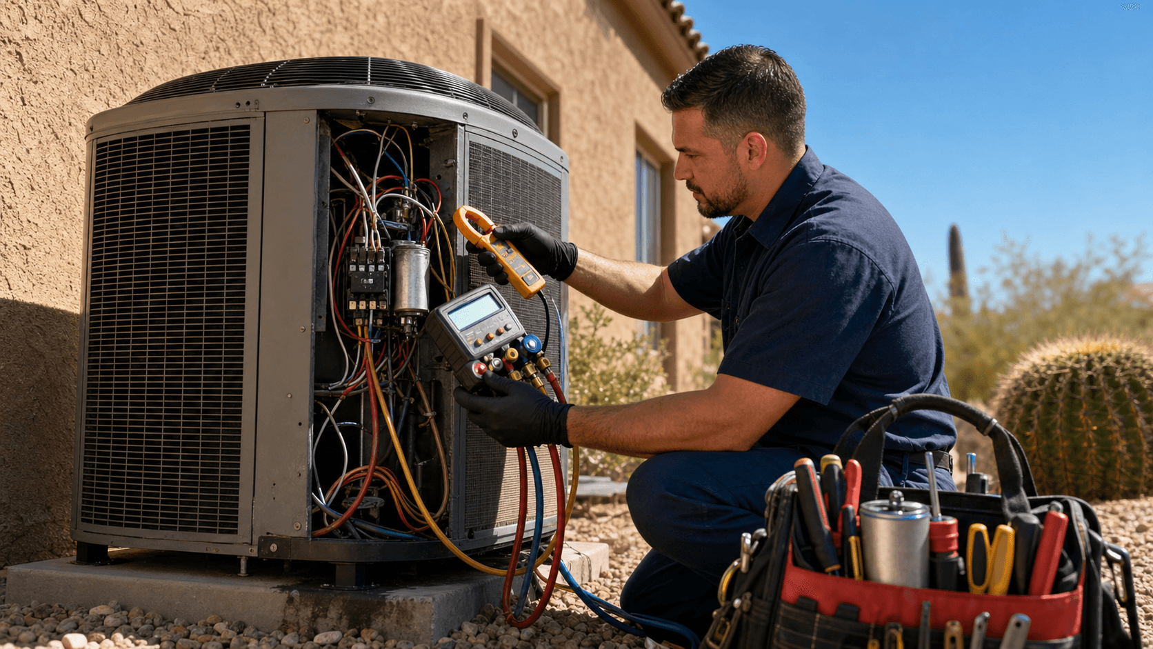 Outdoor air conditioner unit beside a tan stucco house under bright desert sunlight with a blue sky