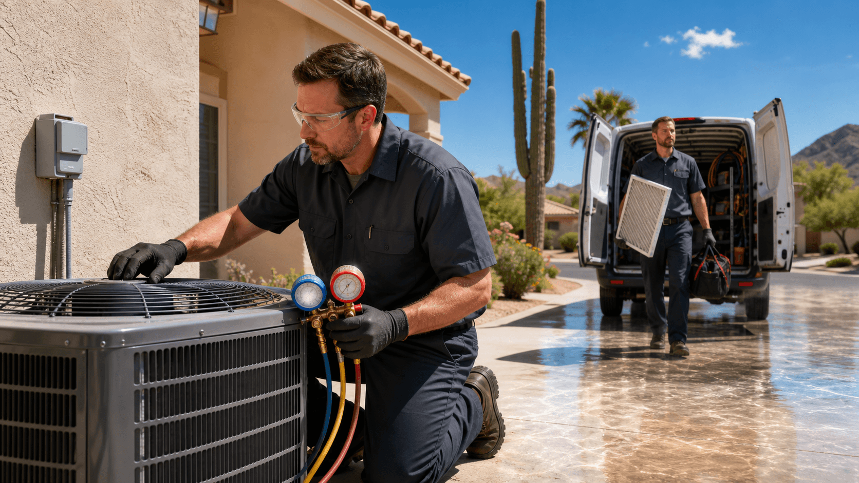 Sunlit outdoor air conditioner unit beside a beige stucco wall, with desert heat haze and clear blue sky