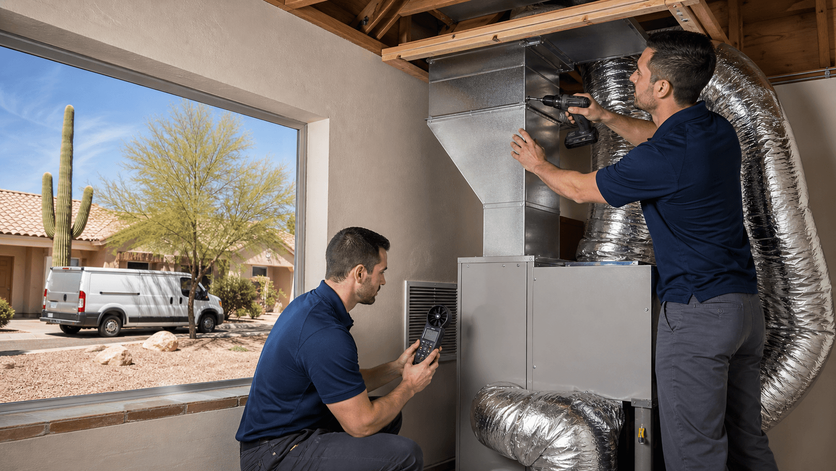HVAC technician installing a wall-mounted air conditioner in a beige block home interior, tools on floor, warm light