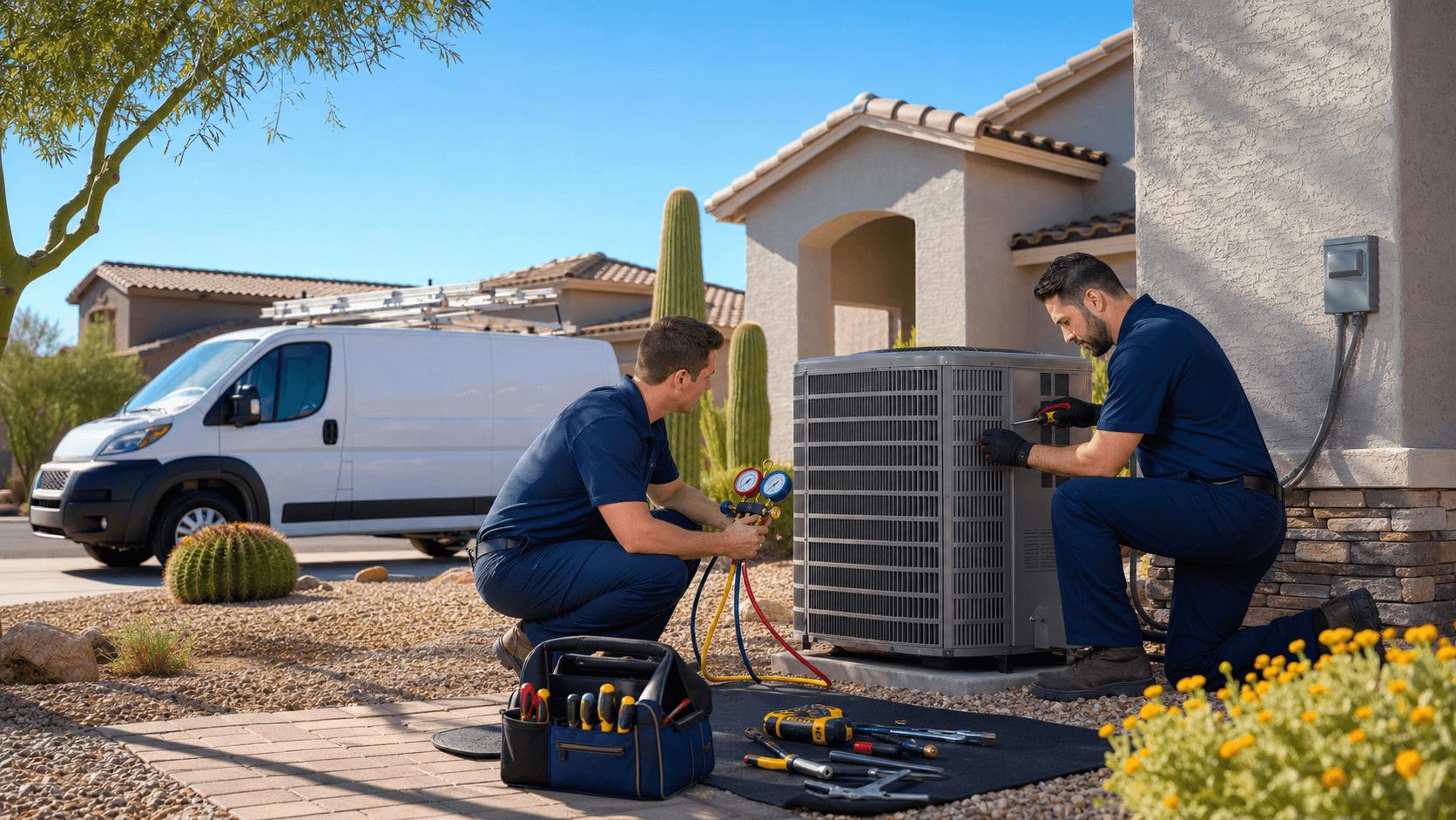 Technician in blue uniform repairs an outdoor AC unit beside a stucco home under a bright desert sky.