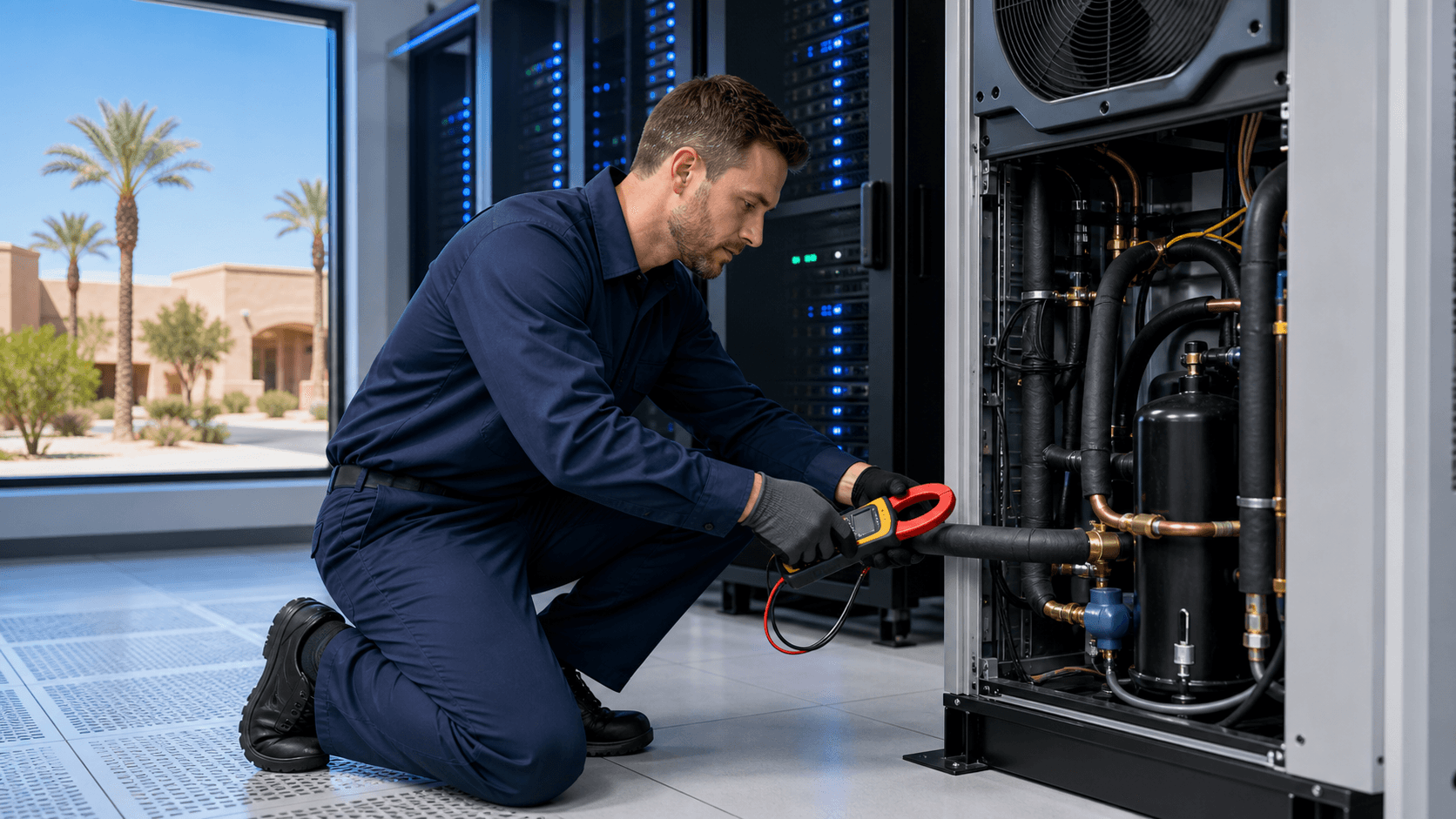 Technician inspects a rooftop HVAC unit beside server racks under a bright Arizona sky.