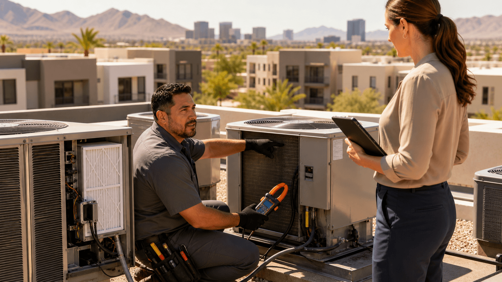 Sunlit desert home exterior with an outdoor AC unit beside a cactus, warm orange sky in the background
