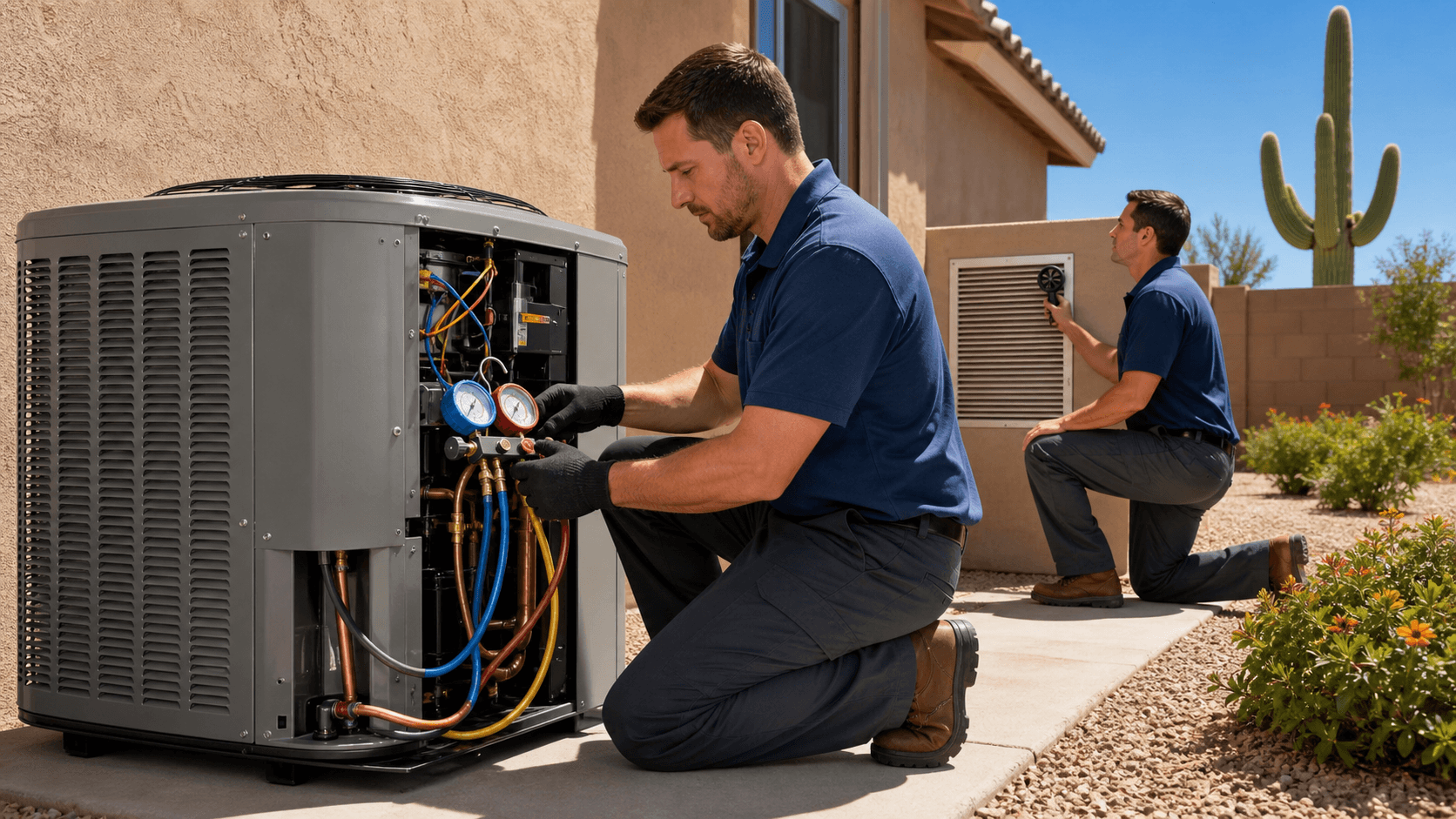 Technician with gauges checks outdoor AC condenser at sunset, desert skyline and heat haze in warm orange light.
