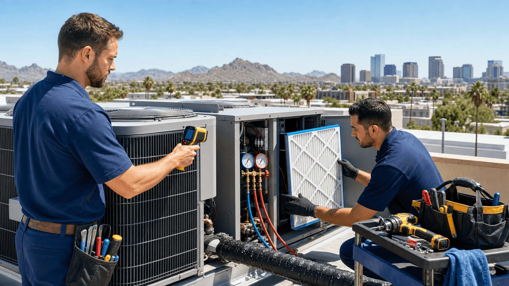 Sunlit rooftop HVAC units with metal ductwork against a clear blue sky and desert haze in the background