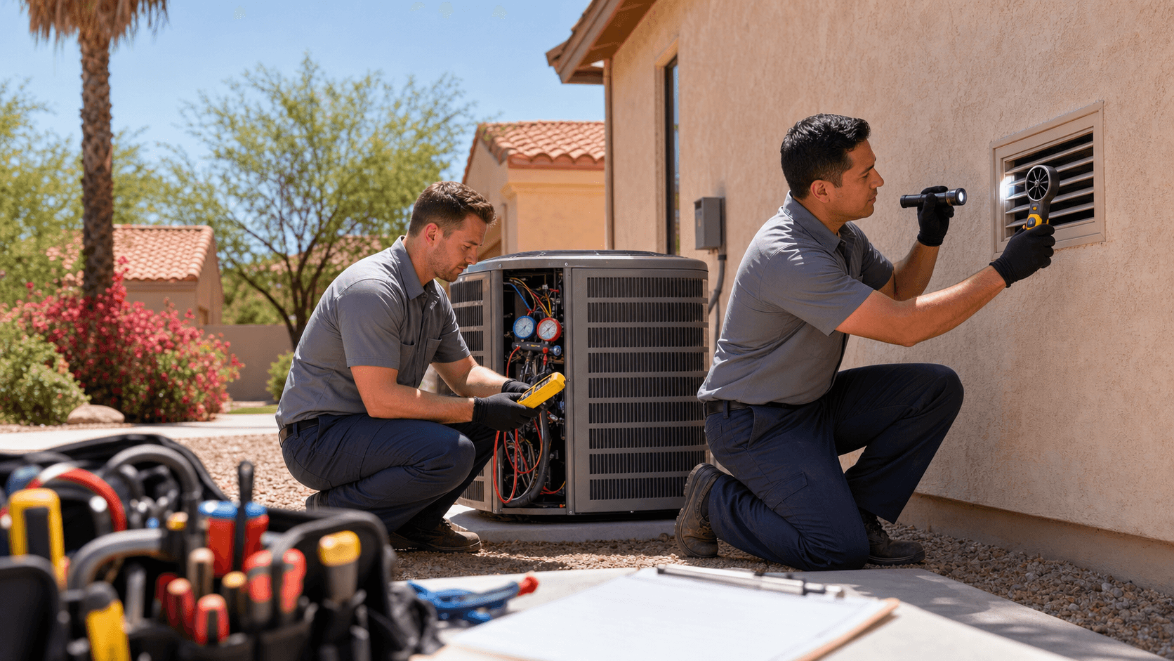 HVAC technician in blue uniform inspecting an outdoor AC unit beside a tan stucco house in bright desert sunlight