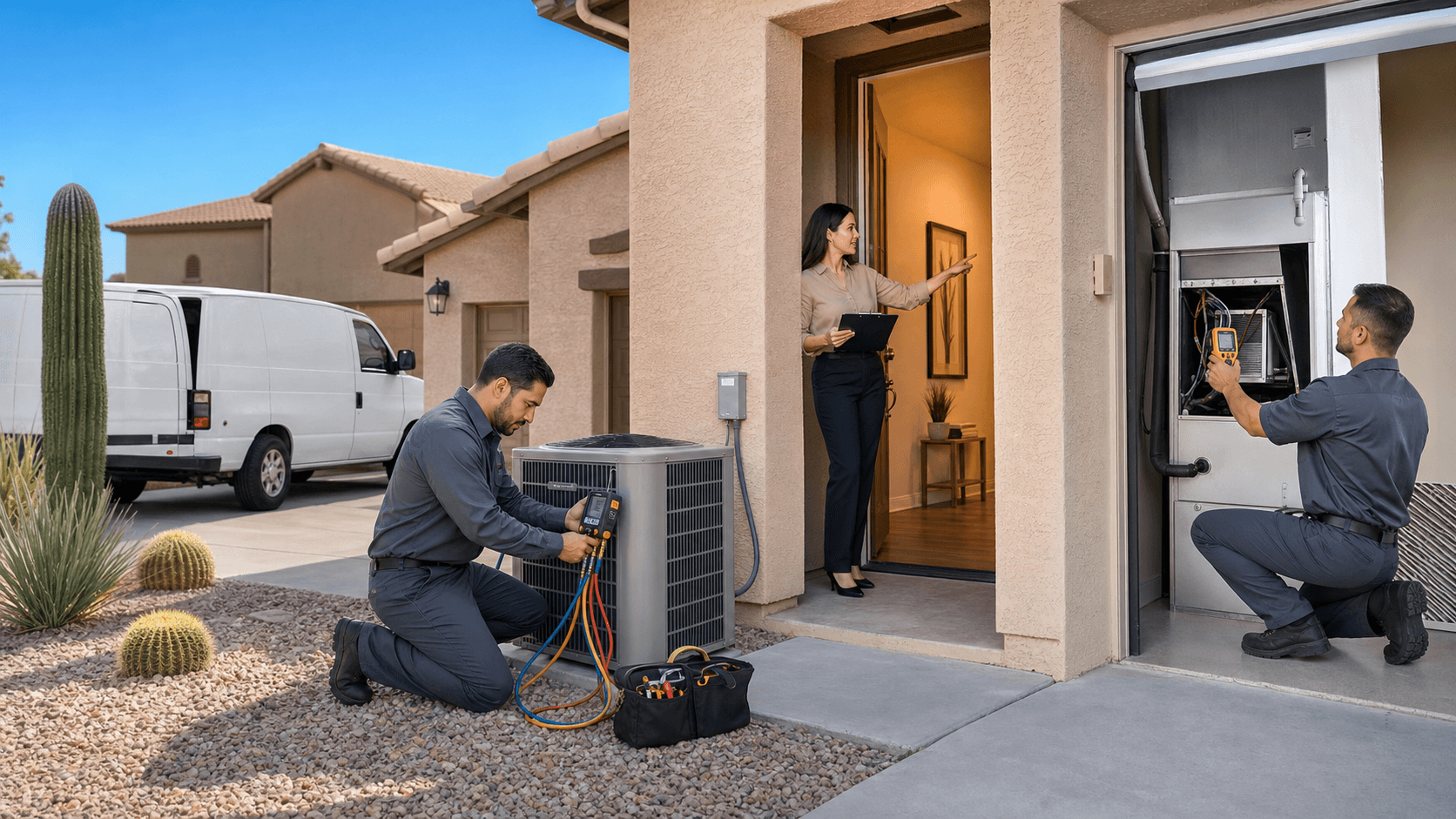 Sunlit suburban rental home with an outdoor AC condenser beside a stucco wall and desert landscaping