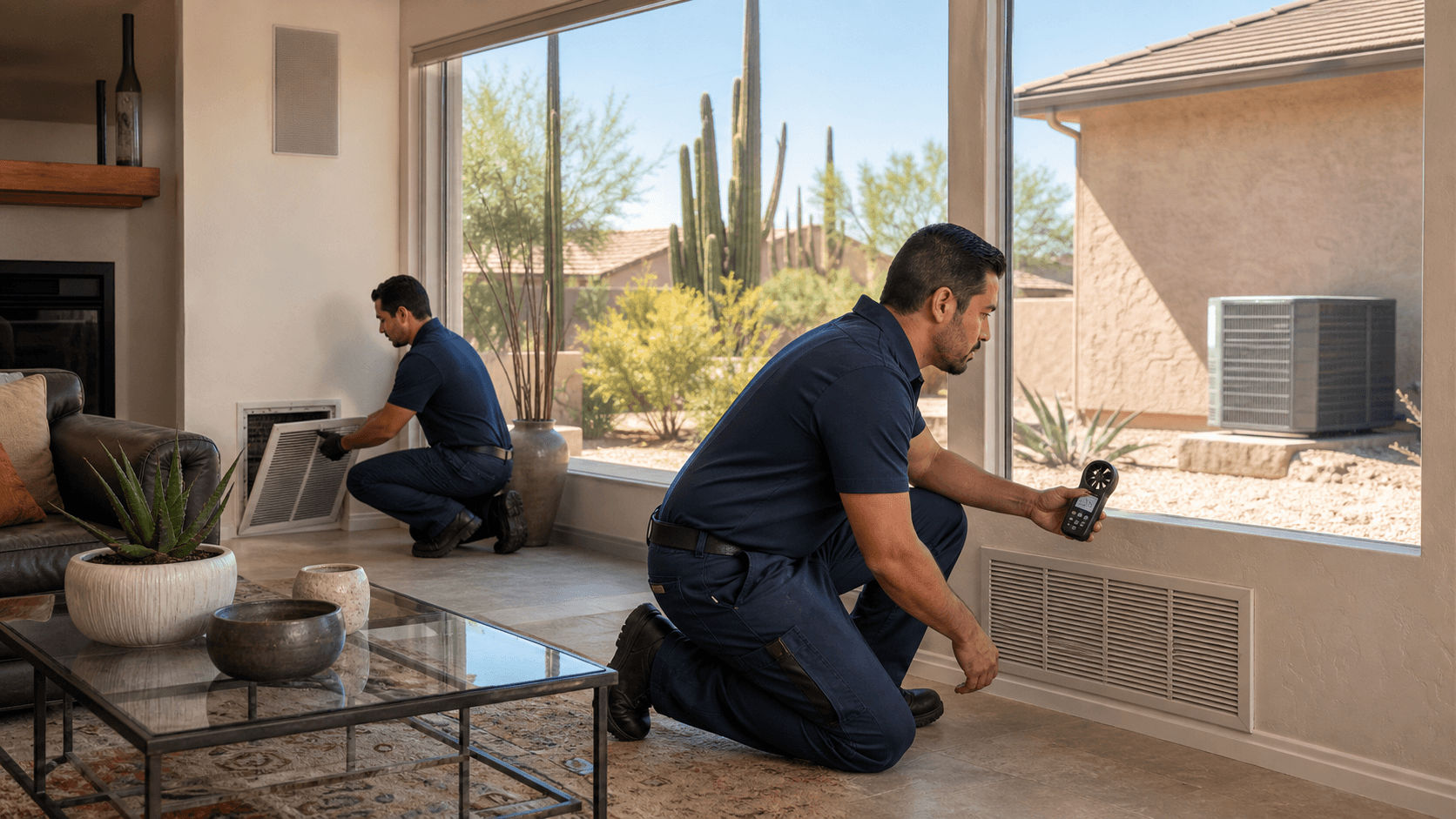 Technician checks a home air vent as warm sunlight fills a bright Phoenix living room.