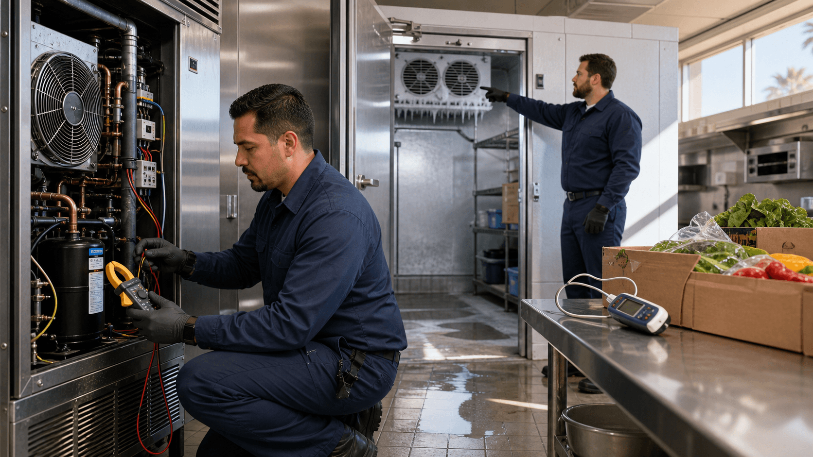 Stainless steel walk-in cooler door with frost buildup and a red warning light in a dim commercial kitchen