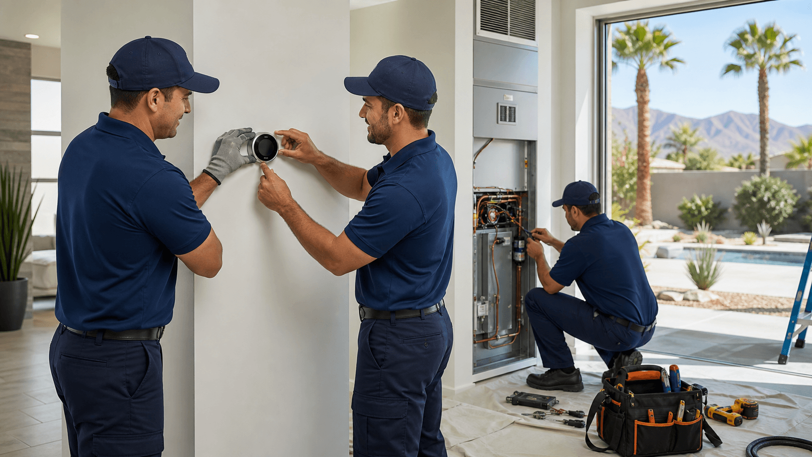 Technician in blue uniform installs a sleek white smart thermostat on a beige wall in a sunlit modern home.