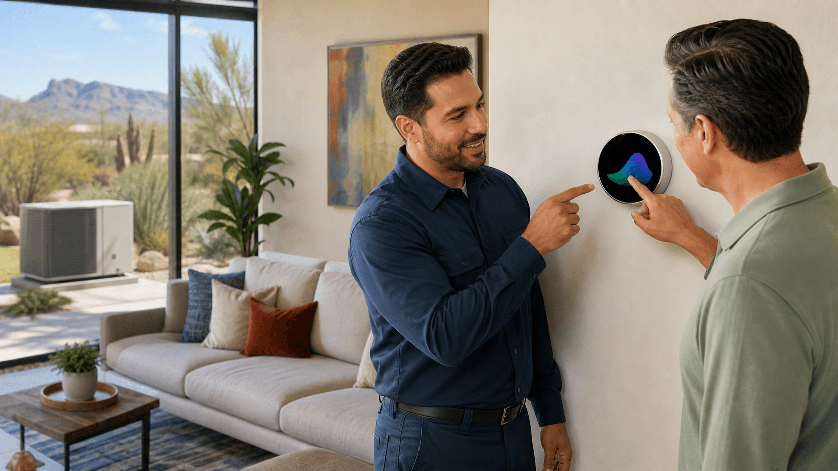 Wall-mounted smart thermostat with glowing blue screen, sunlit desert home interior, warm beige tones and cactus decor