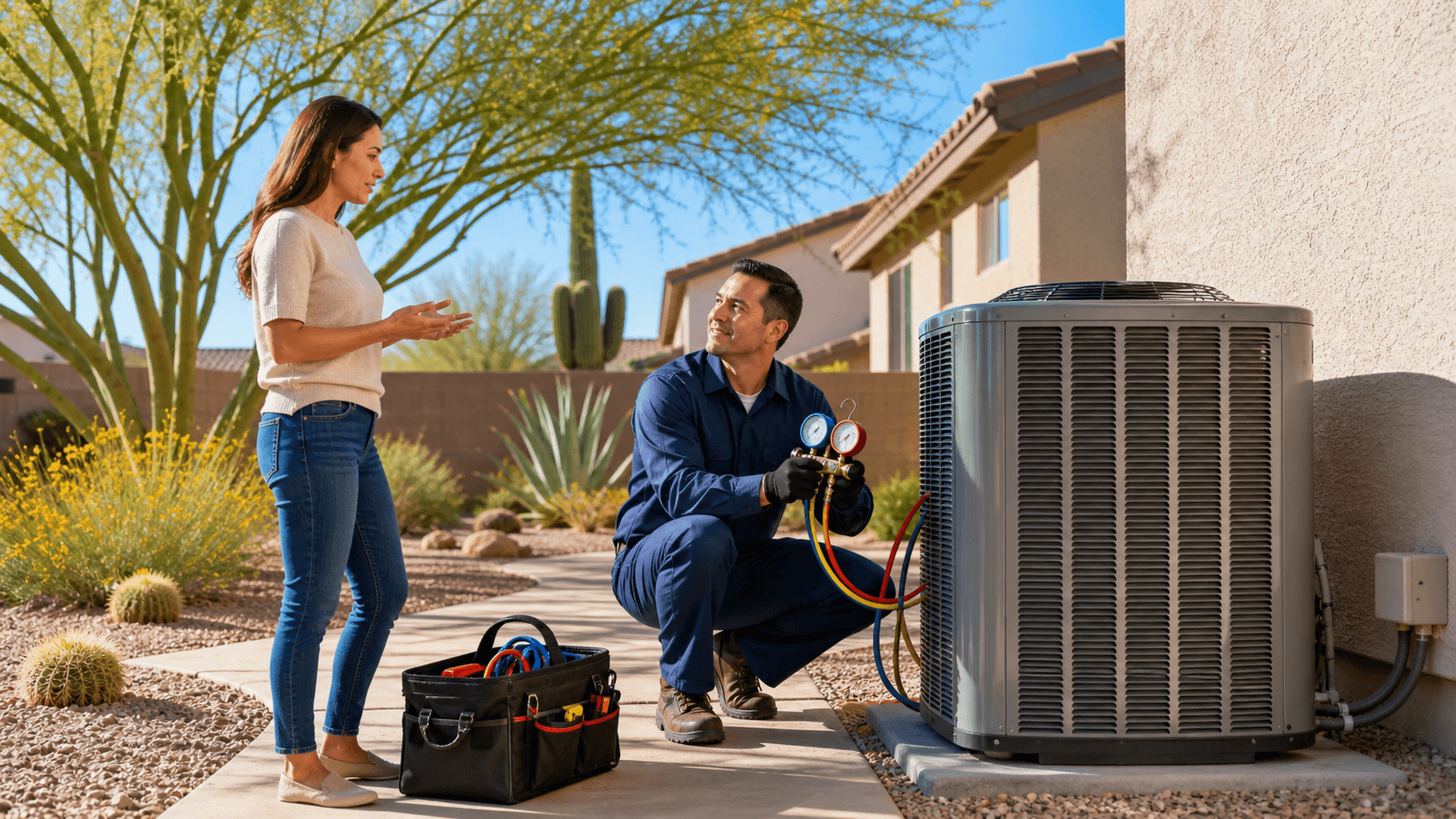 Technician in blue uniform checks outdoor AC unit beside a stucco home under bright, sunny desert sky.