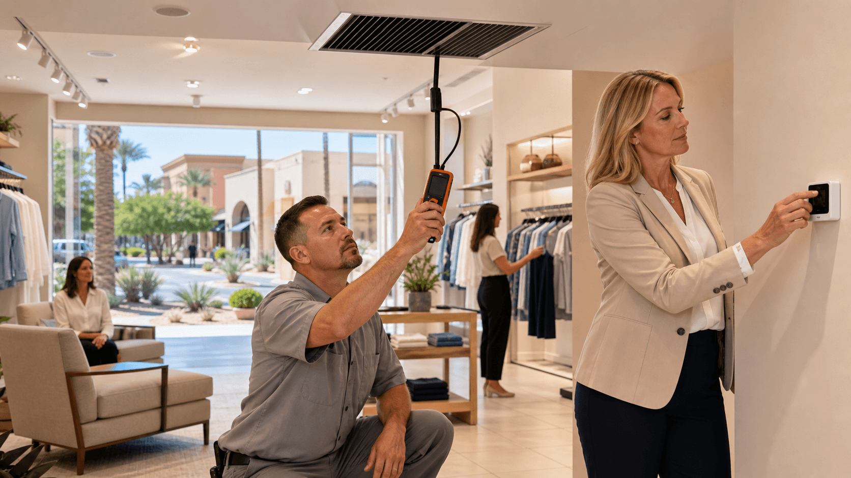 Sunlit retail interior with ceiling vents, glass storefronts, and shoppers browsing beneath warm overhead lighting