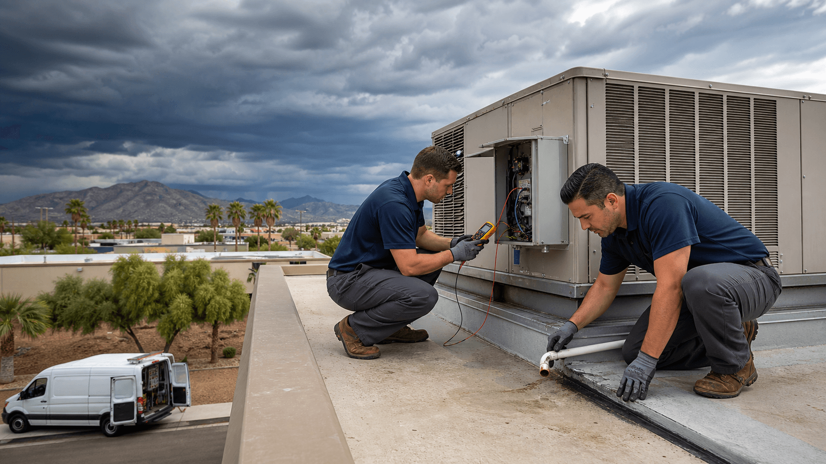 Rooftop HVAC units under dark monsoon clouds, with rain streaks and desert city skyline in warm evening light.