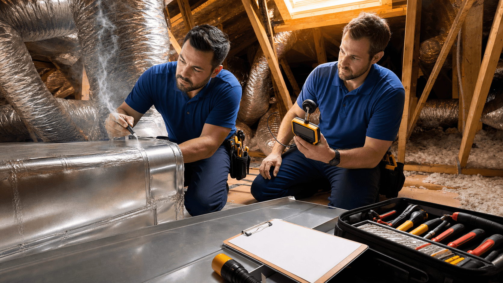 Worker sealing shiny HVAC ducts in a sunlit attic, metal pipes and tools arranged across wooden beams