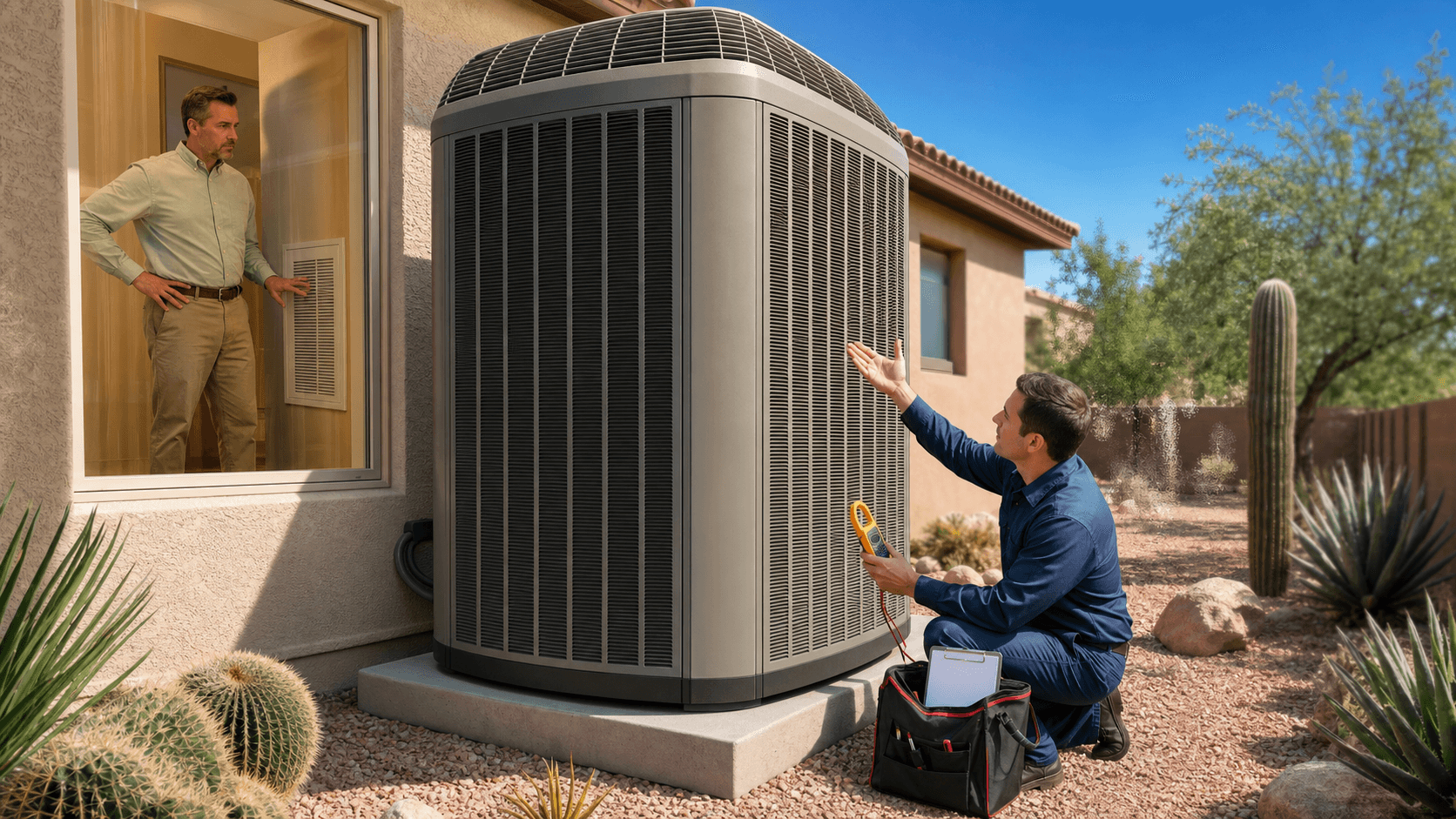 Large outdoor AC unit beside a sunlit stucco home, desert sky and heat shimmer in the background