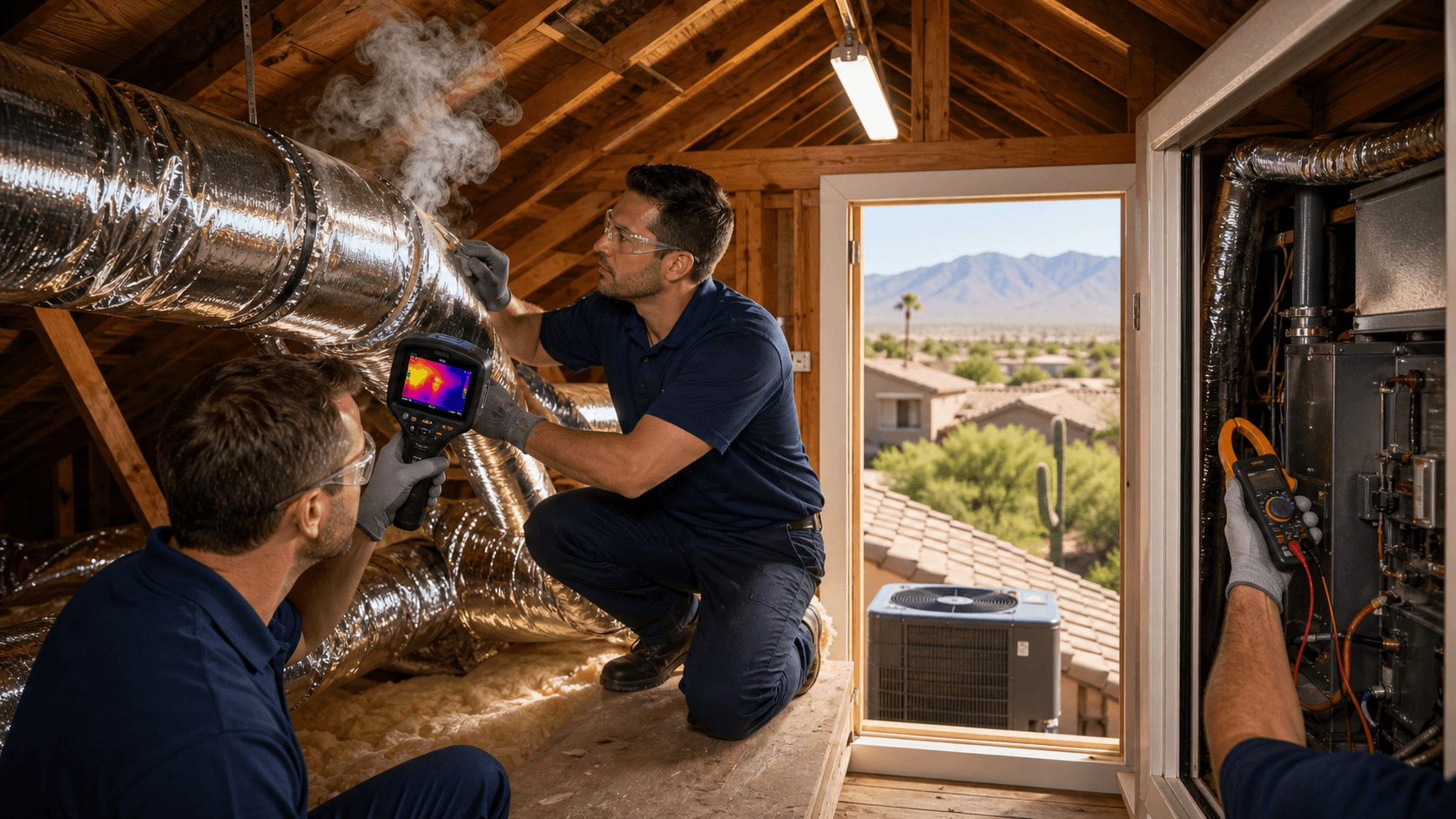 Sunlit desert home rooftop with silver HVAC ducts and vents, heat haze in the background under a bright blue sky