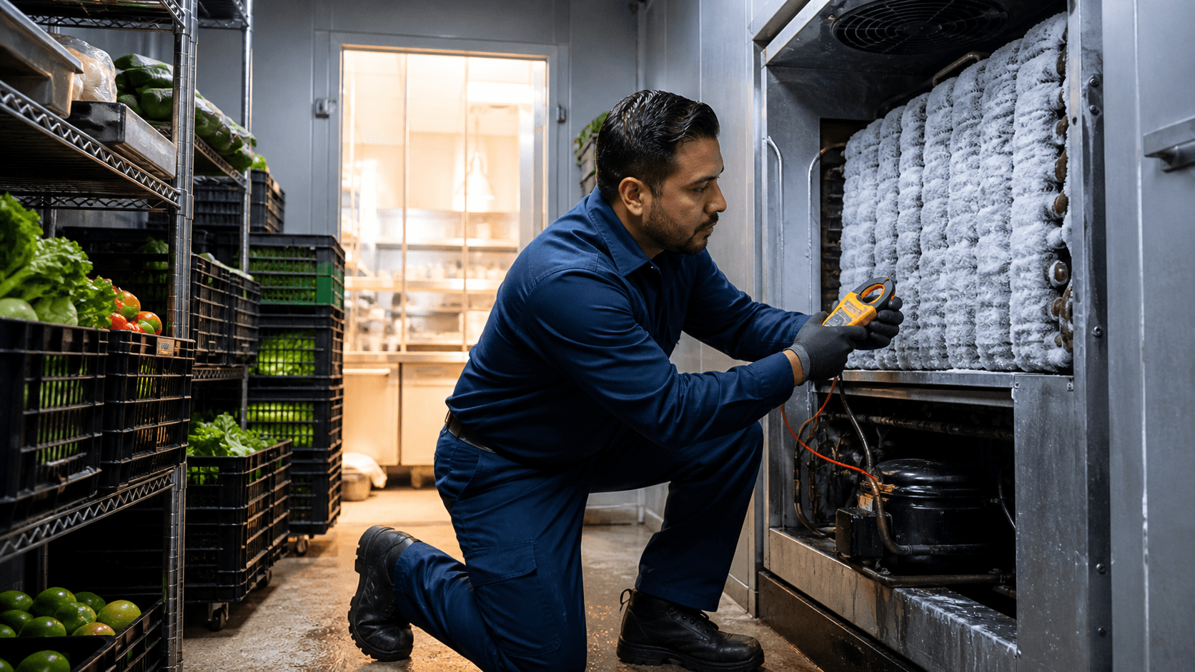 Technician in a blue uniform inspecting a brightly lit walk-in cooler with metal shelves and stocked food boxes