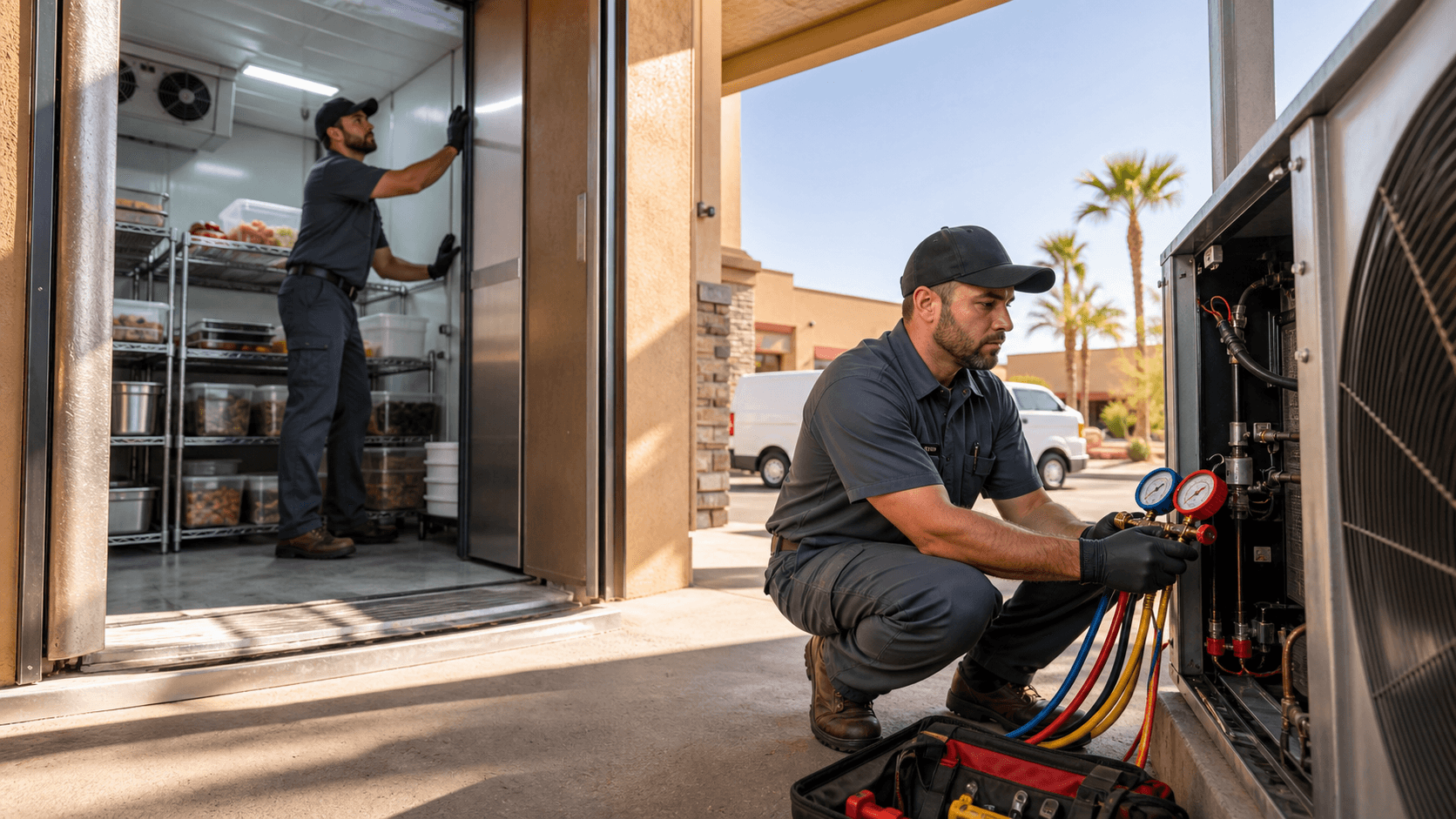 Sunlit stainless walk-in cooler door beside a sweating outdoor HVAC unit under a blazing orange desert sky