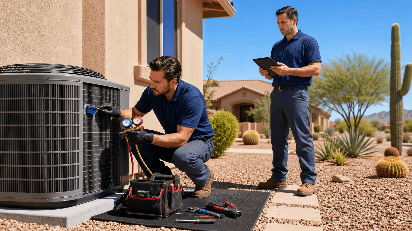 Technician in blue uniform inspecting an outdoor AC unit beside a tan stucco home under bright sun