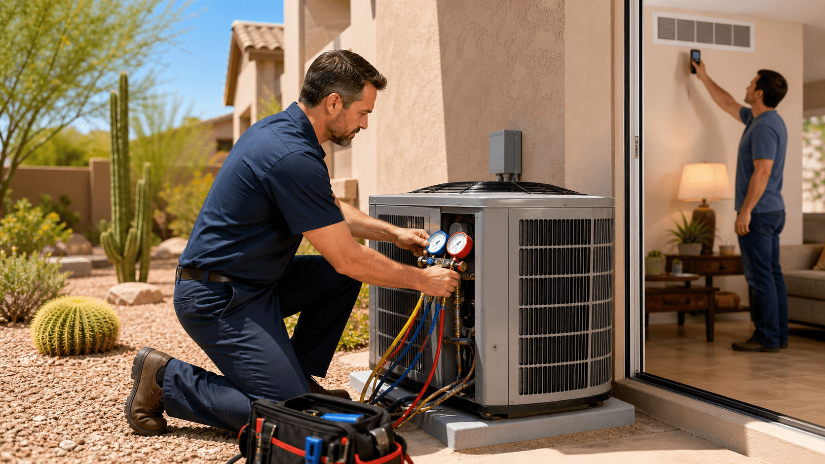 Outdoor air conditioner unit in bright sunlight with shimmering warm air waves rising against a desert home backdrop