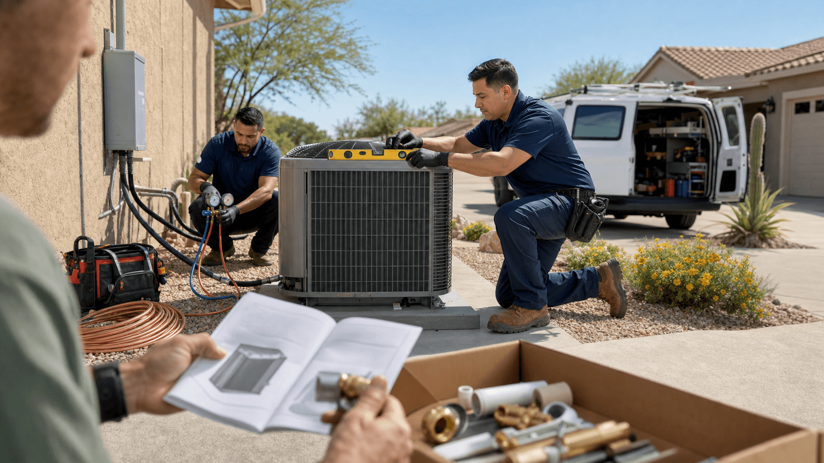 Technician in blue uniform installs a silver outdoor AC unit beside a stucco house under bright desert sunlight.